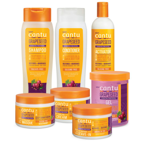 Cantu Grapeseed hair care products, including shampoo, conditioner, and styling products