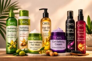 complete hair care products range flatlay