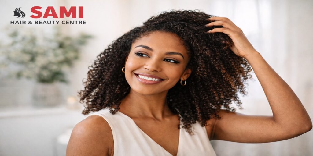 Vrouw met gezond veerkrachtig krullend haar die zelfverzekerd glimlacht na een professionele haarbehandeling