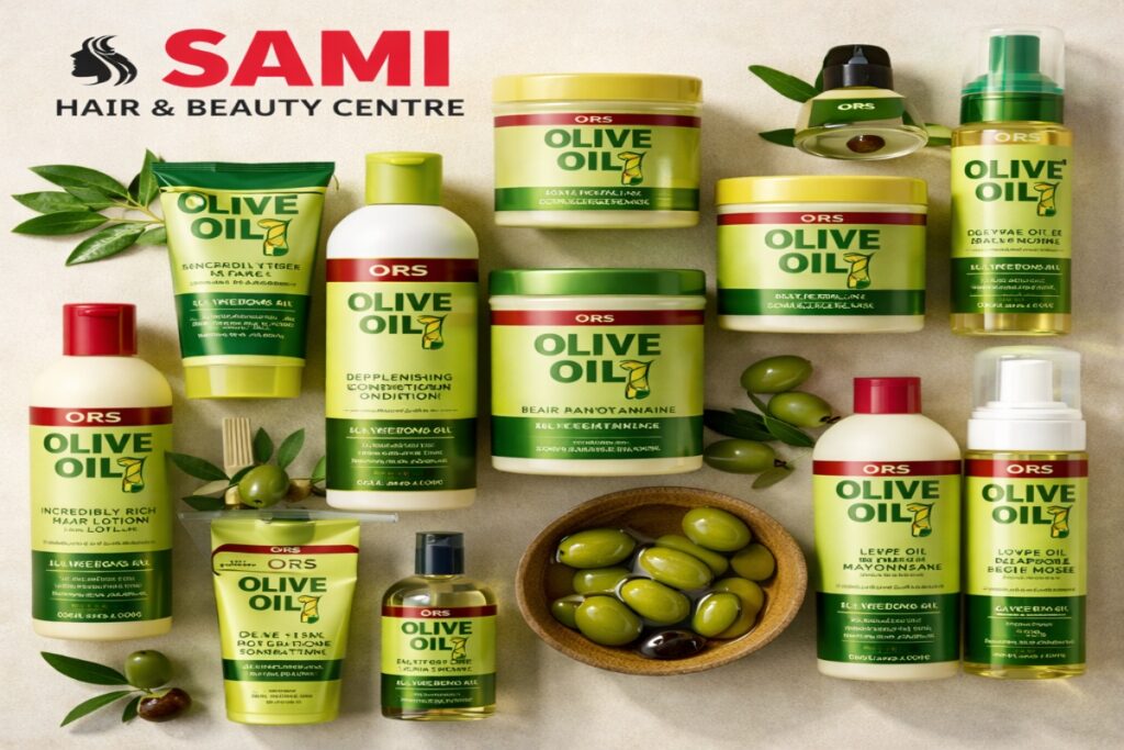 ORS Olijfolie haarverzorgingslijn inclusief shampoos, conditioners, maskers en stylingproducten weergegeven