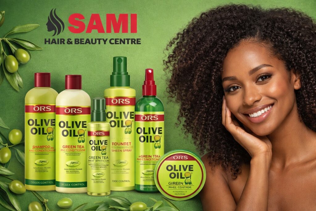 Gezond krullend natuurlijk haar met ORS Olive Oil-producten bij Sami Hair & Beauty Centre